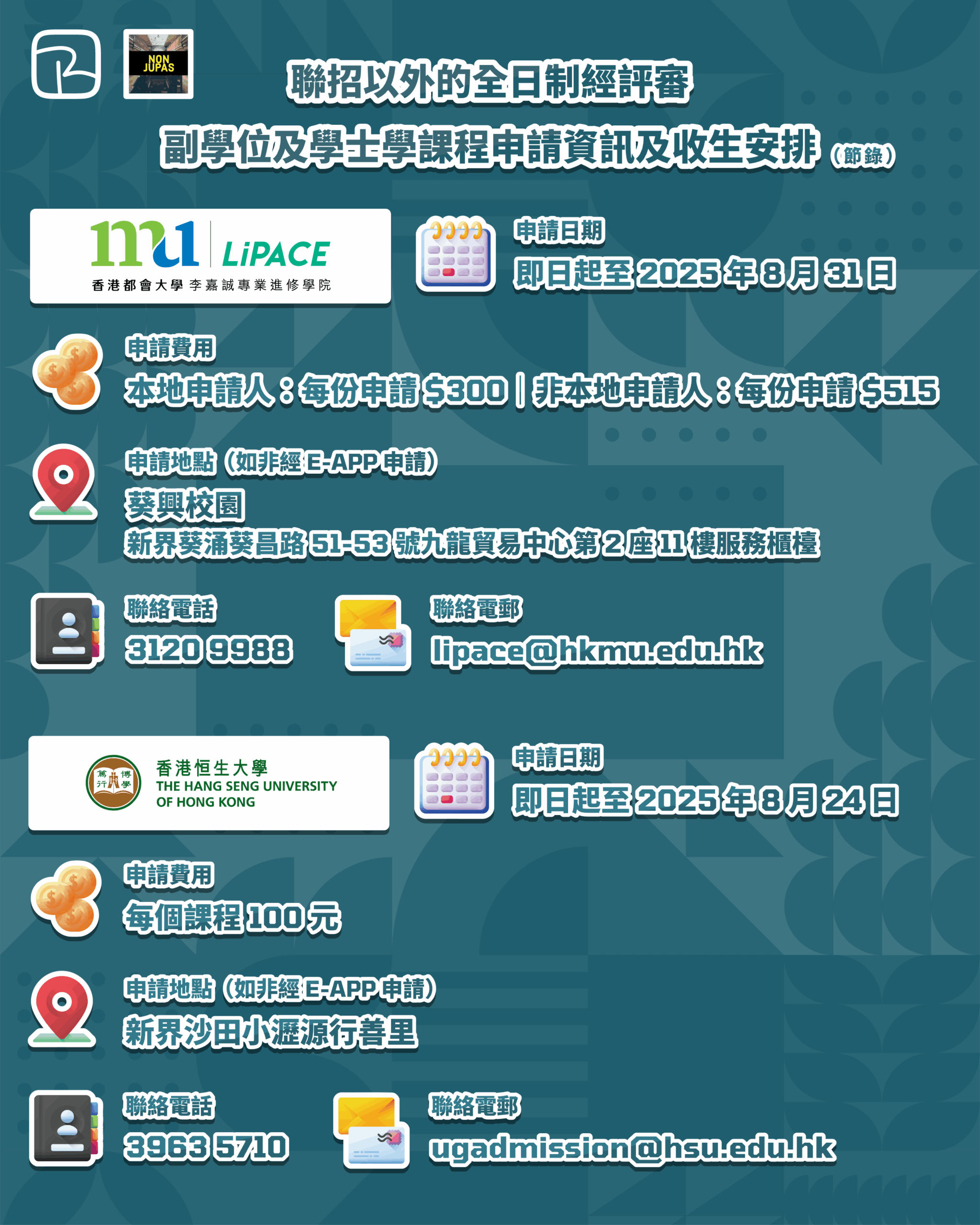 聯招以外的全日制經評審副學位及學士學課程申請資訊及收生安排