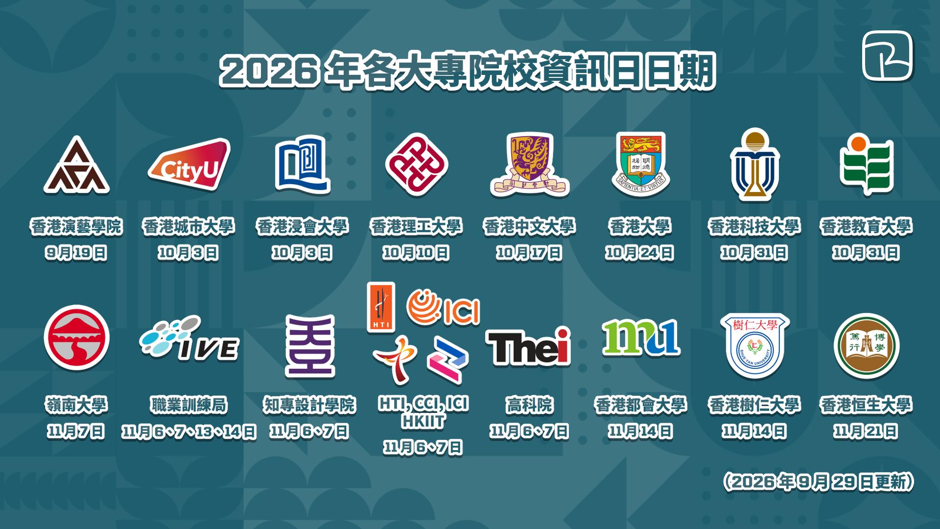 大學 Info Day｜2026 年各大專院校資訊日｜1 文睇晒各院校登記方法、地點、活動日程（2026 年 9 月 14 日更新）